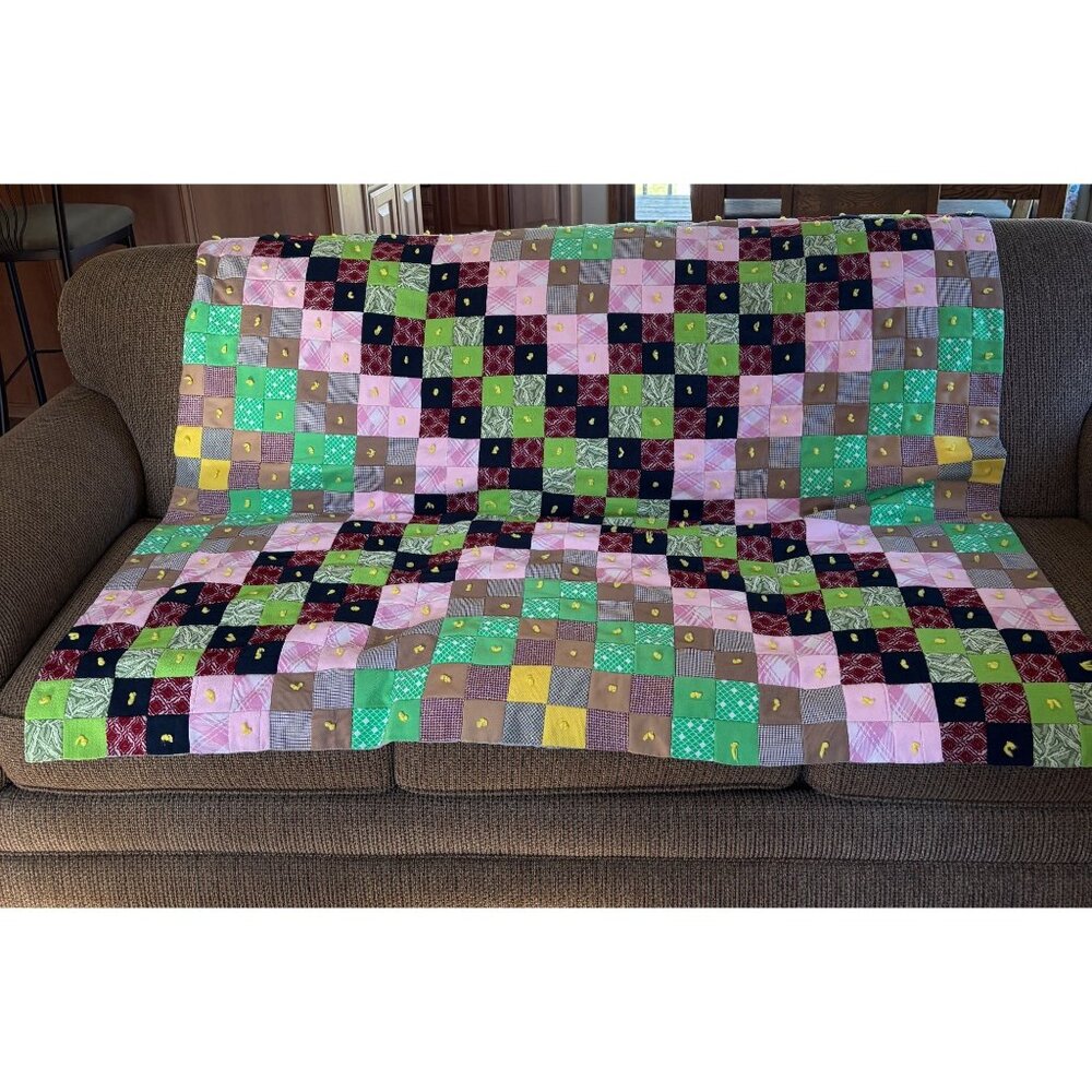 Homemade Patchwork Quilt Throw Blanket Multicolor Poly Cotton Yellow Ties VTG